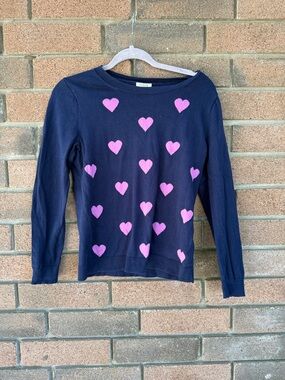 J. Crew Navy Sweater with Pink Heart Motif Size Small